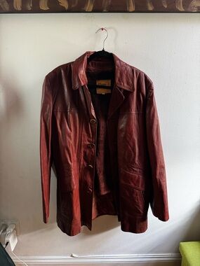 Vintage Deep Red Leather Button-Front Jacket